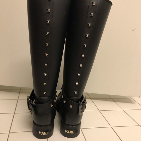 Karl Lagerfeld Black Studded Rubber Wellington Boots - Picture 7 of 7